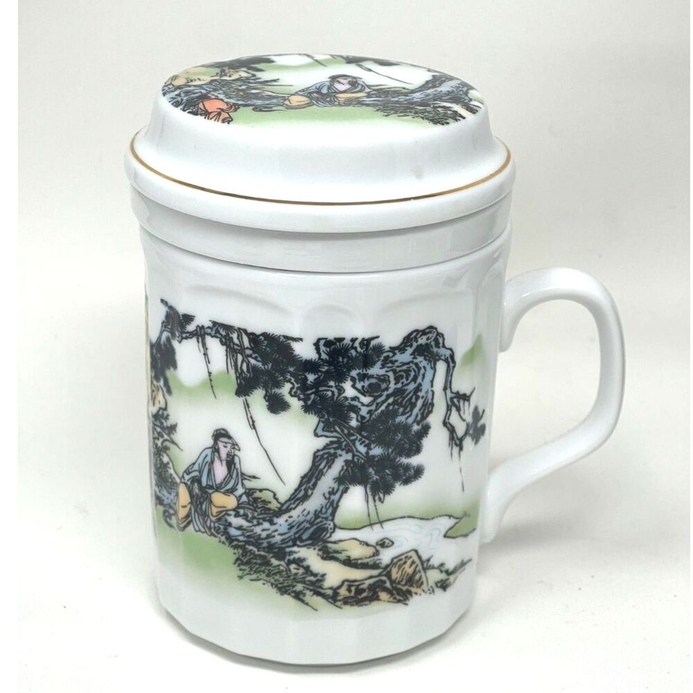 World Market Set Loose Tea Cup Lid Diffuser Mug Misty Rose Coll. Chinese Scene